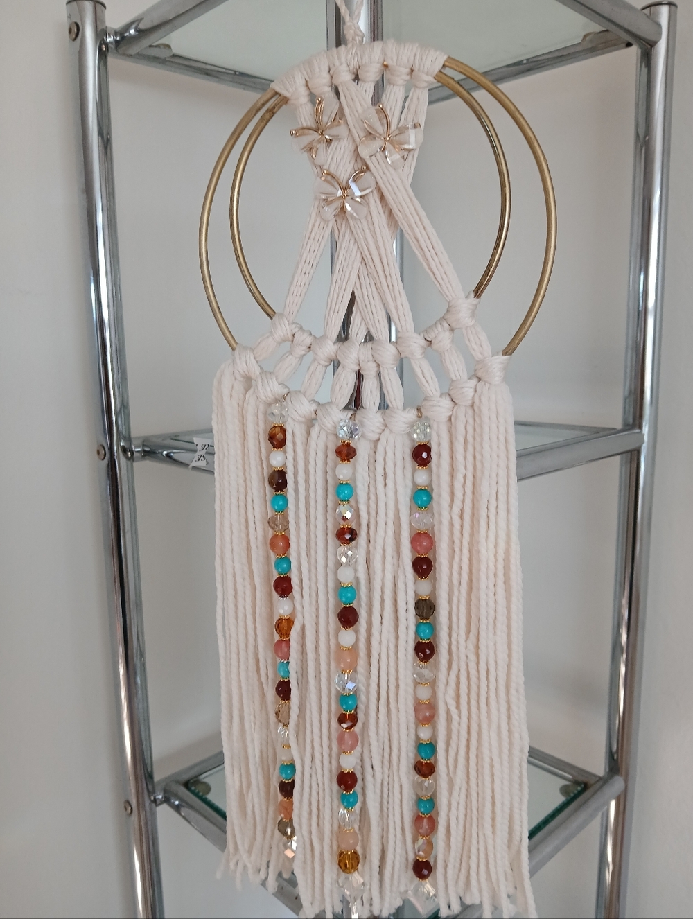 Boho Macramé Fringe Dream Catcher  - Cream & Turquoise Accents